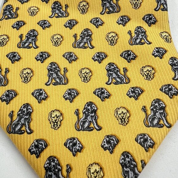 GIANFRANCO FERRE Silk Tie Yellow W/blue Lions & Lion Heads Made In Italy - Picture 2 of 8
